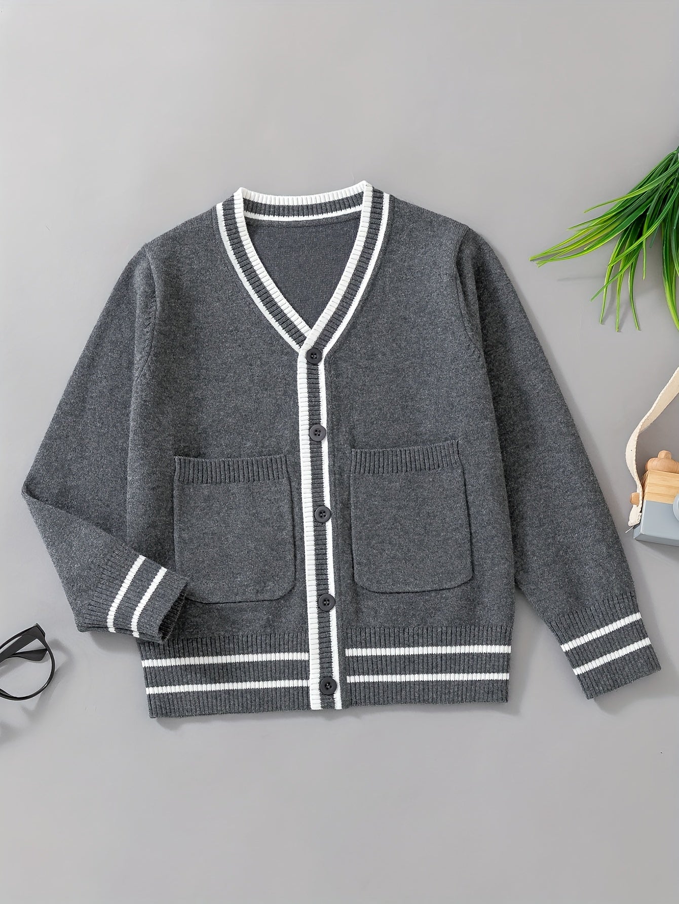 Boys Casual Preppy Style Uniform Knit Cardigan Sweater, Long Sleeve Tops, Boys Clothing Outdoor