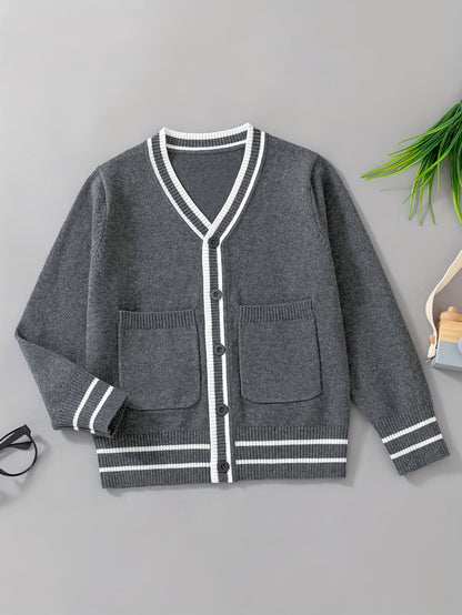 Boys Casual Preppy Style Uniform Knit Cardigan Sweater, Long Sleeve Tops, Boys Clothing Outdoor