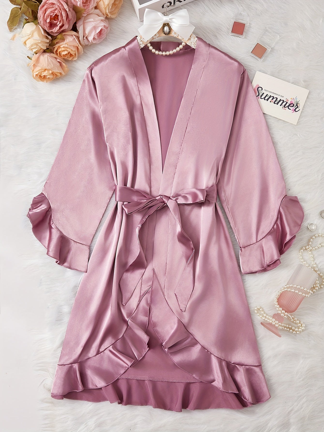 Elegant All-Season Satin Night Robe with Ruffle Detail, V-Neck & Long Sleeves – Luxurious Comfort with Belt, Easy-Care Women's Sleepwear