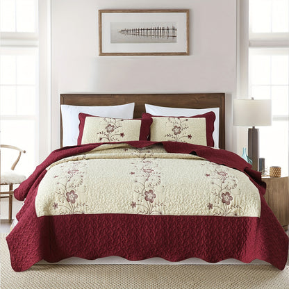 3pcs Red Embroidered Quilted Bedspread Set - Reversible, Soft, Breathable, Comfortable, and Machine Washable - Flower Pattern for Summer, Ideal for Bedroom and Dorm Room