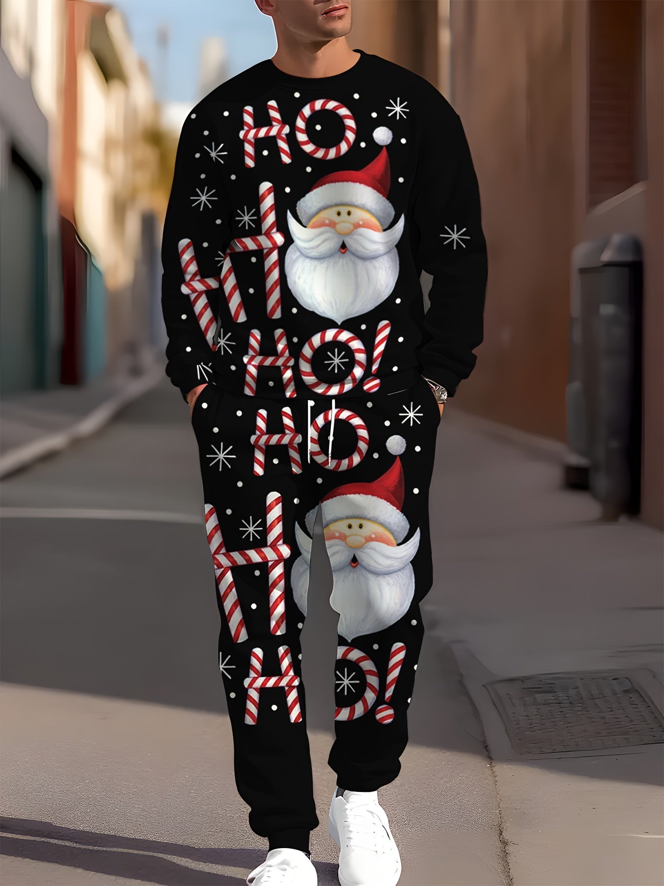 2pcs Long Sleeve Hoodie + Sweatpants Set, 'HOHOHO' Print/ Slogan Print/ Santa Claus Print/ Corolla Print Casual Christmas Themed Co-ord Set As Gift