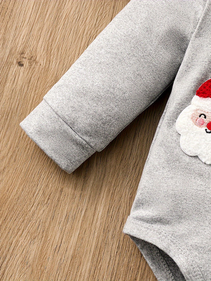 Christmas Baby Boy 2-Piece Outfit - Cute Santa Claus Pattern Long Sleeve Collar Onesie And Plaid Pants Set, Fall/Winter