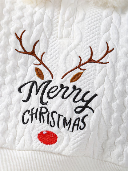 2pcs Baby's MERRY CHRISTMAS Reindeer Embroidery Fuzzy Splicing Hoodie & Casual Jacquard Pants, Toddler & Infant Boy's Clothing Set, Outdoor Cloth