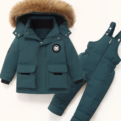 DEAR RABBIT Kids' Cozy Down Jacket & Jumpsuit Set -, Thickened Winter Wear for Boys & Girls 1-5 Years, Hooded with Pockets