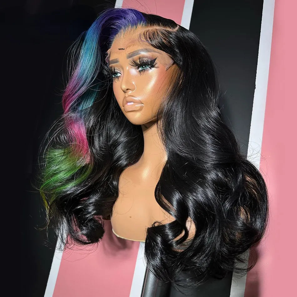 Brazilian Blue Pink Highlight Body Wave lace front Wig Human Hair Pre-Cut HD Lace 13x4 Glueless Lace Frontal Wig