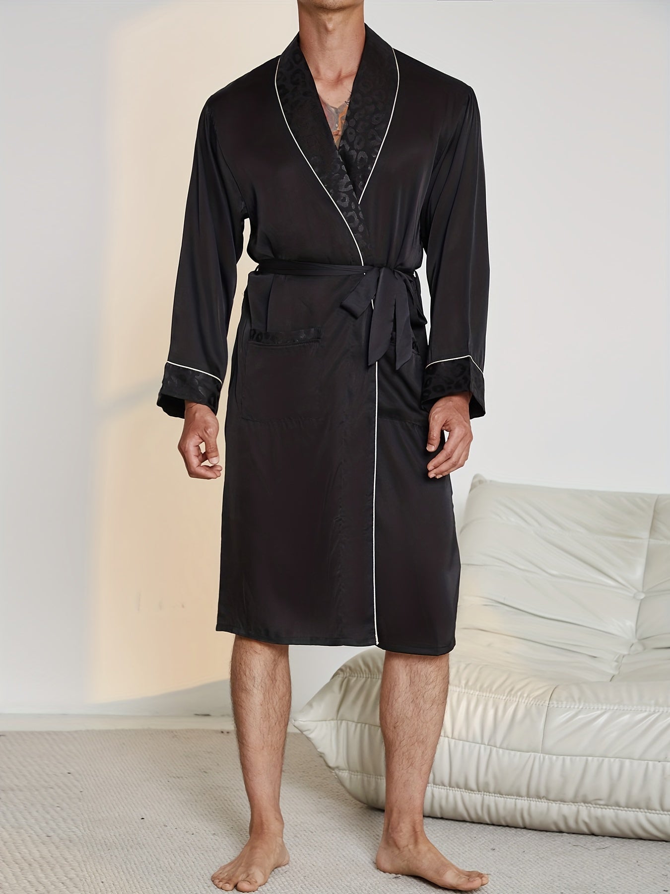 Men's Long Sleeve Bathrobe With Dark Leopard Print, Sleepwear For Spring And Summer