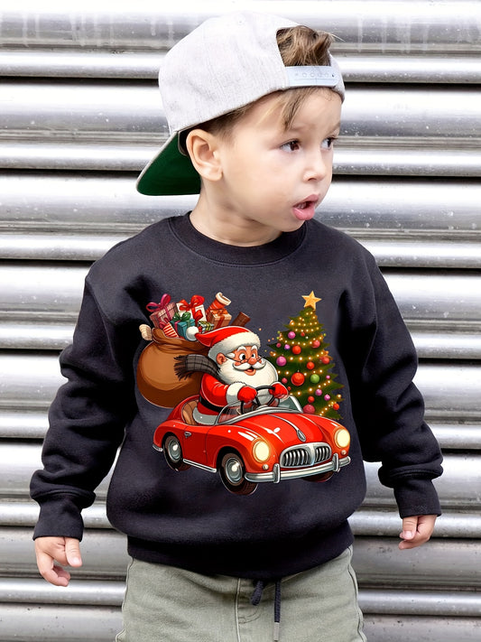 Boys' Cozy Fleece-Lined Christmas Sweatshirt with Santa & Car Print - Casual Long Sleeve Pullover for Fall/Winter