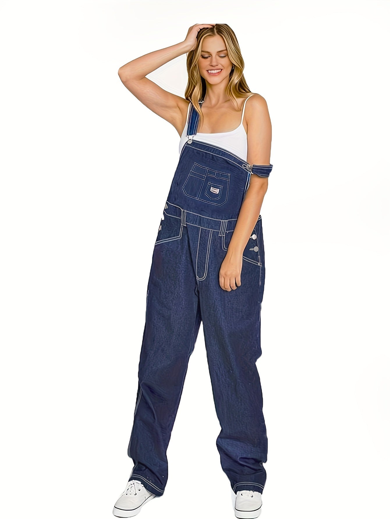 Plain Loose Fit Streetwear Adjustable Strap Contrast Seam Stitching Denim Overalls Dungarees, Women's Denim Jeans & Clothing