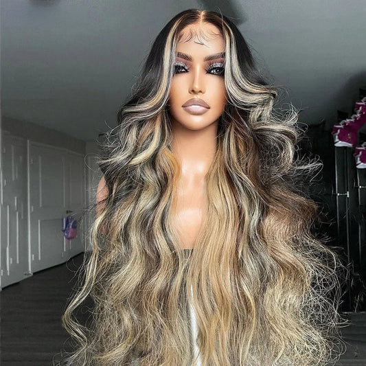Ash Blonde Highlights 13x4 Lace Front Human Hair for Women Black Roots Ombre Body Wave Synthetic Wig Pre Plucked
