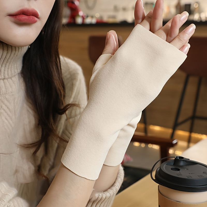 Solid Color Half Finger Winter Warm Gloves, Windproof Fingerless Hand Warmer Gloves Mittens For Women