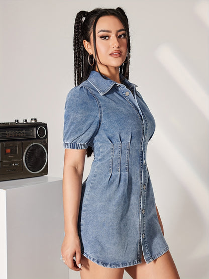 Elegant Ruffle-Waist Denim Dress for Women - Breathable, Versatile & Easy-Care with Short Sleeves, Ideal for Spring to Fall