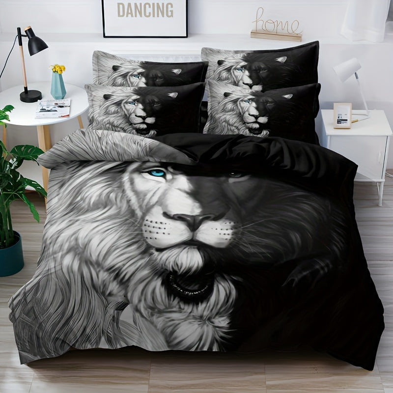 3-Piece Black & White Lion Print Duvet Cover Set - Luxuriously Soft & Hypoallergenic, Wrinkle-Resistant Bedding for Bedrooms, Guest Rooms, and Dorms - Includes 1 Duvet Cover + 2 Pillowcases, No Inner Core Needed, Easy Care