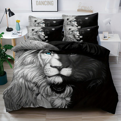 3-Piece Black & White Lion Print Duvet Cover Set - Luxuriously Soft & Hypoallergenic, Wrinkle-Resistant Bedding for Bedrooms, Guest Rooms, and Dorms - Includes 1 Duvet Cover + 2 Pillowcases, No Inner Core Needed, Easy Care