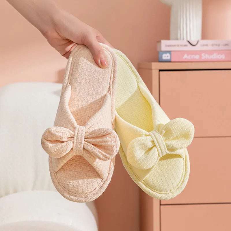 New ins bow knitted cotton home slippers cute teenage open toe couple sandals women