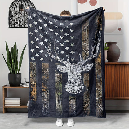 1pc Soft & Cozy Flannel Blanket - American Flag Deer Head Pattern, Warm and Comfortable for Sofa, Bed, Office - Perfect Christmas, Halloween Gift or Everyday Use