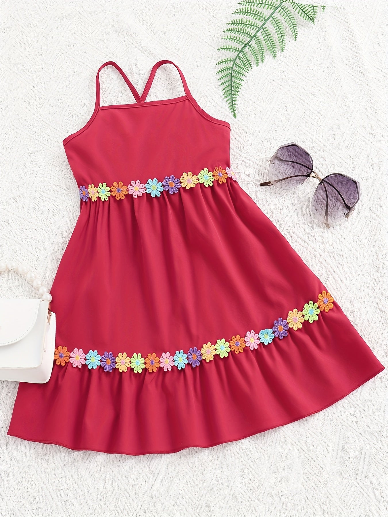 Toddler Girls Flowers Applique Ruffled Hem Cami Princess Dress For Party Beach Vacation Kids Summer Clothes