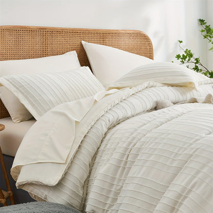 7-Piece Boho Beige Striped Comforter Set - Soft, Breathable, Skin-Friendly Bedding with Comforter, Flat Sheet, Fitted Sheet, and 4 Pillowcases - Perfect for Bedroom Room Decor, Comfortable Sleeping Experience