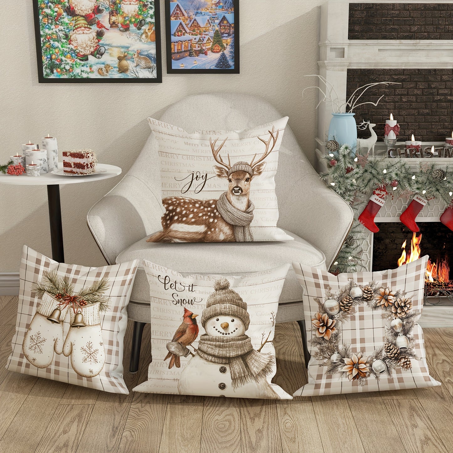 Set of 4 Christmas Velvet Throw Cushion Covers with Snowman, Deer, and Wreath Designs, Contemporary One-Sided Print Decorative Case for Farmhouse Sofa and Living Room Decor, Zipper Closure, Machine Washable - Without Inserts