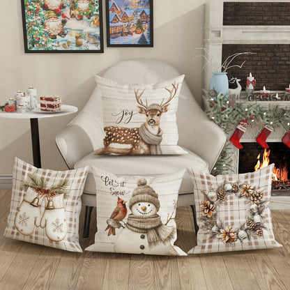 Set of 4 Christmas Velvet Throw Cushion Covers with Snowman, Deer, and Wreath Designs, Contemporary One-Sided Print Decorative Case for Farmhouse Sofa and Living Room Decor, Zipper Closure, Machine Washable - Without Inserts