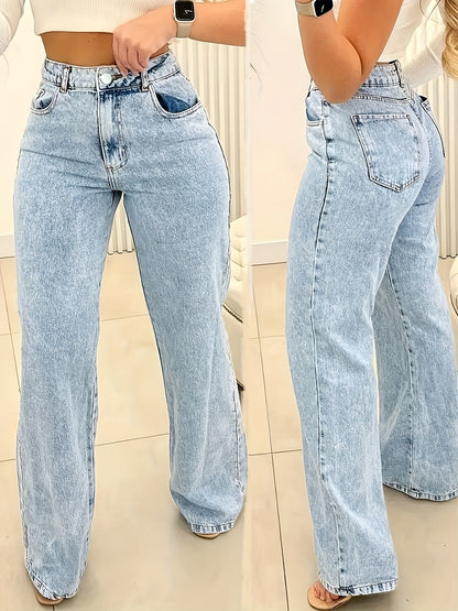 High Waist Relaxed Fit Jeans for Women - Fashionable Plain Washed Blue Denim, Comfortable Zipper Button Closure, Stylish Slash Pockets - Premium Womens Clothing