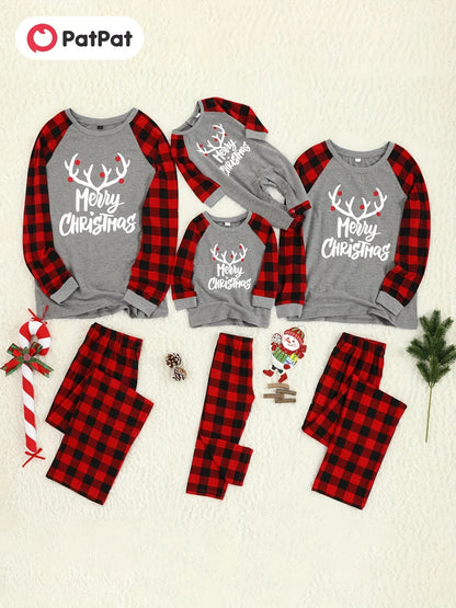 PatPat Christmas Family Matching Merry Antler Graphic Letter Print Plaid Design Crew Neck Round Neck Long*Sleeve Sets (Flame Resistant) For Spring & Autumn/Fall & Winter