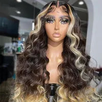 Ash Blonde Highlights 13x4 Lace Front Human Hair for Women Black Roots Ombre Body Wave Synthetic Wig Pre Plucked