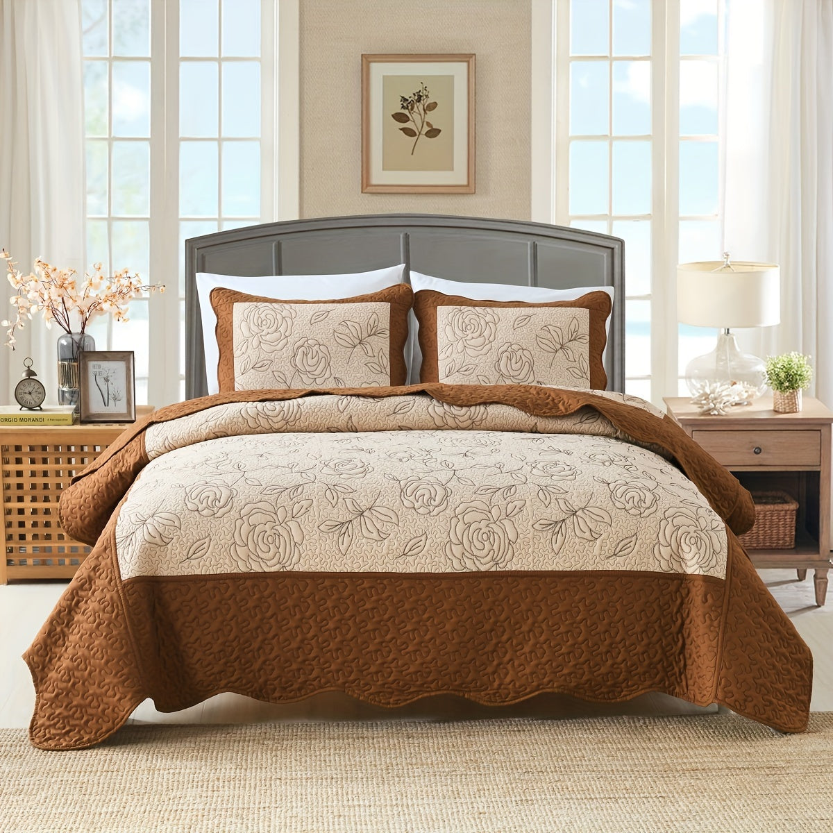 3pcs Red Embroidered Quilted Bedspread Set - Reversible, Soft, Breathable, Comfortable, and Machine Washable - Flower Pattern for Summer, Ideal for Bedroom and Dorm Room