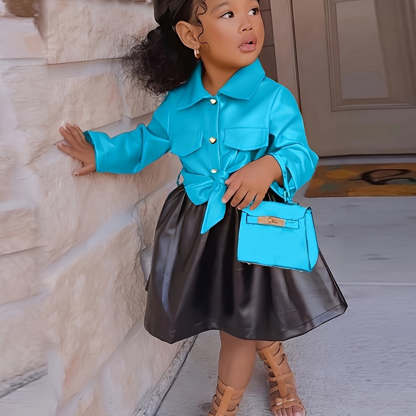 Girls Button Lapel Color Block PU Leather Dress With Belt Kids Clothes