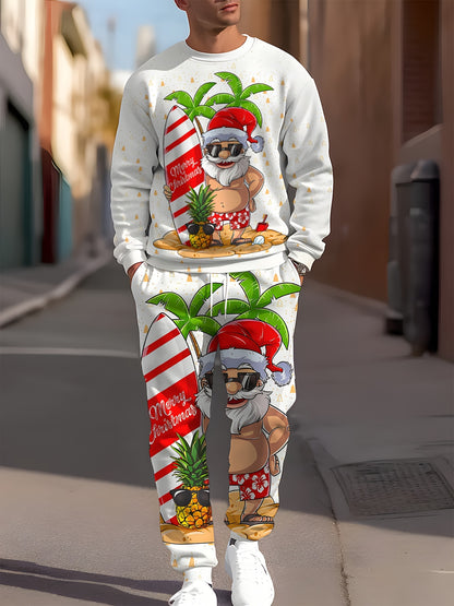 Men's Festive Christmas Outfit Set - Casual Long Sleeve Crew Neck Sweatshirt & Joggers with Santa Print, Machine Washable