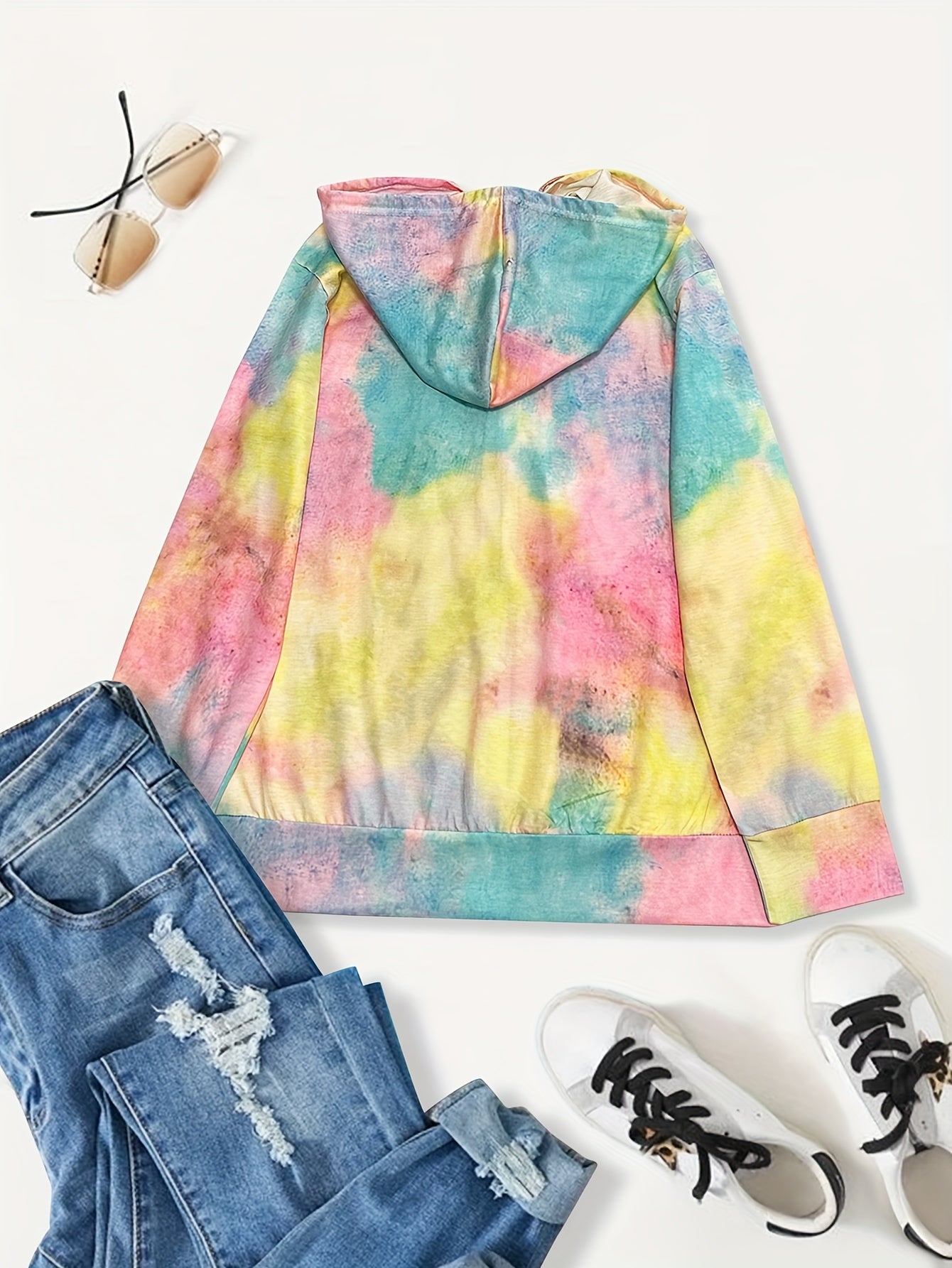 Tie Dye Zip Up Hoodie, Casual Long Sleeve Drawstring Hoodies Sweatshirt, Women's Clothing