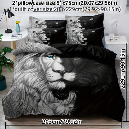 3-Piece Black & White Lion Print Duvet Cover Set - Luxuriously Soft & Hypoallergenic, Wrinkle-Resistant Bedding for Bedrooms, Guest Rooms, and Dorms - Includes 1 Duvet Cover + 2 Pillowcases, No Inner Core Needed, Easy Care