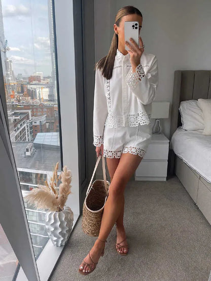 Women's Two Piece Pants Seigurhry Women 2 Pieces Outfits Lace Long Sleeve Button Down Shirt and Lace Short Set Sweet Crochet Splicing Blouses Vintage T221012