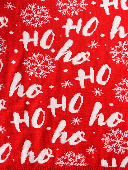 Boys' Christmas Sweater, Red Knit Pullover with "HO HO HO" Lettering, Round Neck, Stretchy Fabric, Regular Fit, Long Sleeves, All-Season, Party Style, for Spring/Autumn/Winter