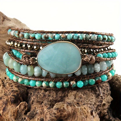 Adjustable Boho Stone Wrap Bracelet - Fashionable Bohemian Style with Authentic Natural Stones - Exquisite Handmade Jewelry for Multi-Layered Charm - Perfect Party Favors and Occasion Accessories