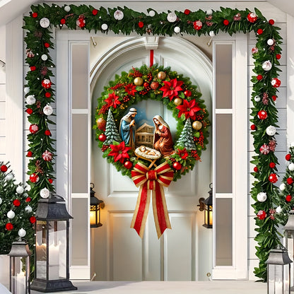 Nativity Scene Christmas Wreath Door Cover - Polyester, Machine Washable, Perfect for All Seasons & Home Decor (70.87x35.43 inches)