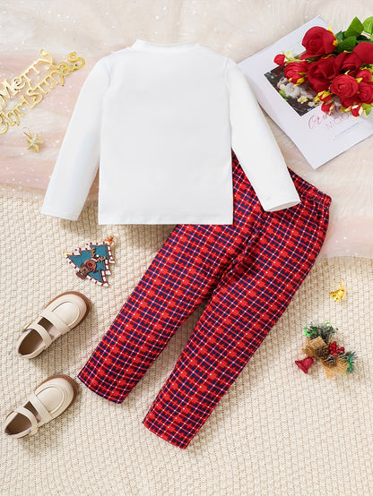 2pcs Baby's Cartoon Christmas Santa Elk Print Long Sleeve T-shirt & Casual Plaid Pattern Pants, Toddler & Infant Boy's Clothing Set, Outdoor Cloth