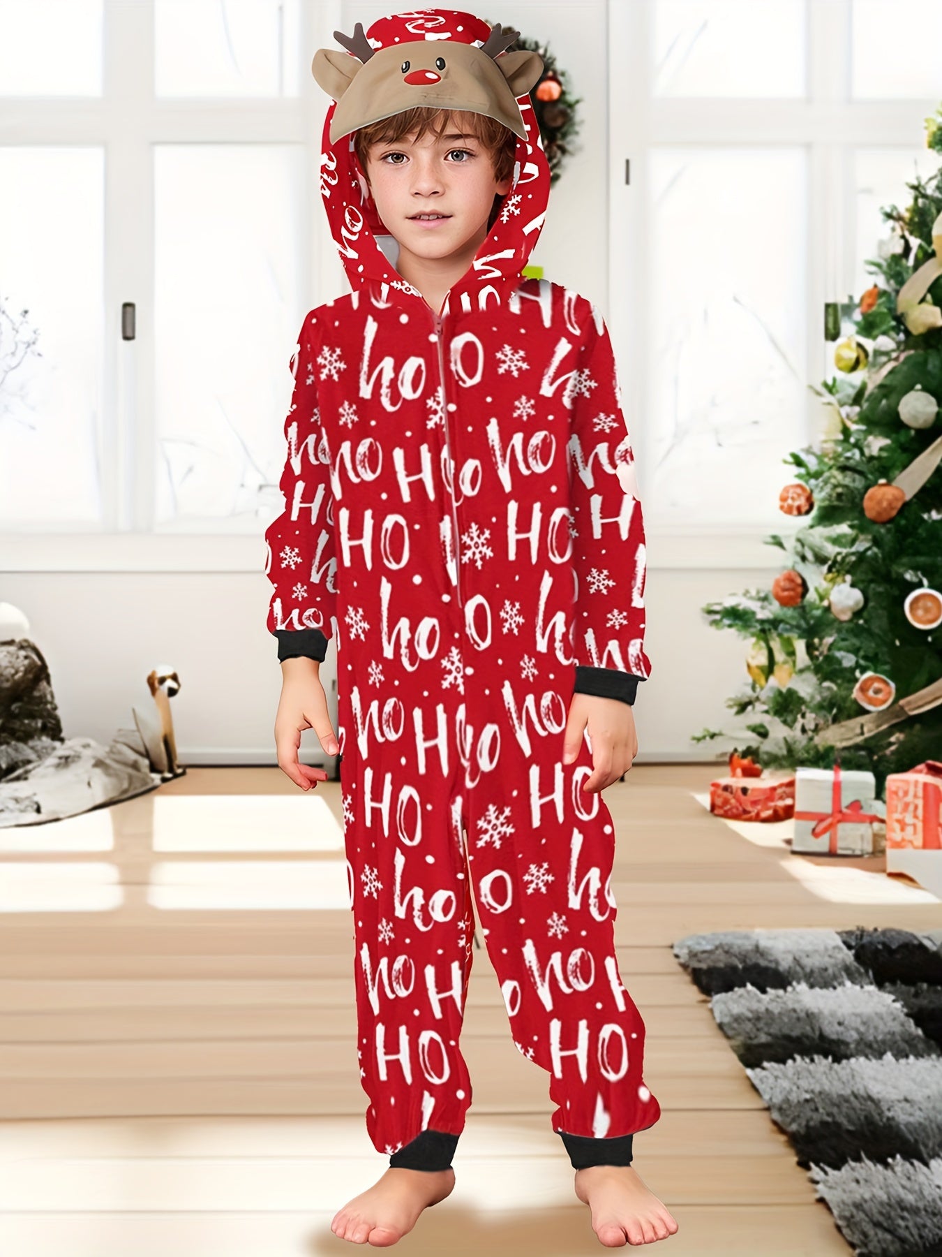 Holiday Festive Zip-Up Hooded Onesie with Alphabetic Print, Unisex Long Sleeve Polyester Jumpsuit with Slight Stretch, Casual Hoodie with Zipper Detail, Regular Fit Woven Fabric for Family Matching Outfits