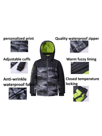 Boys' Stylish Snow Mountain Windbreaker Jacket - Snow Suits for Kids with Fleece Lining, Hood, Long Sleeve, Zip-Up, Waterproof, and Professional Ski Features - Perfect for Winter Outdoor Activities