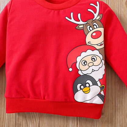 Toddler Baby Boys Cute Christmas Elk Santa Penguin Cartoon Print Sweatshirt Top Pants Outdoor Set, Kid's Party Casual Clothes