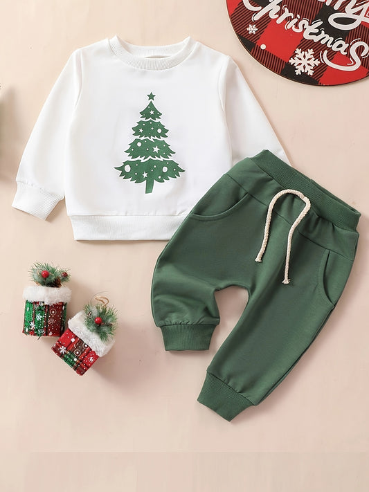 2pcs Baby's Cartoon Christmas Tree Print Sweatshirt & Casual Pants, Toddler & Infant Boy's Clothing Set Outdoor