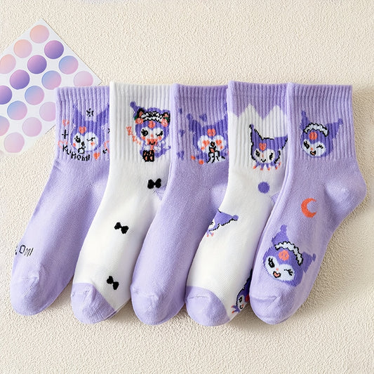 [Authorized]5 Pairs of Four-Season Style Girls Sanrio Cartoon Kulomi Comfortable Soft Socks Suitable for Girls' Daily Wear