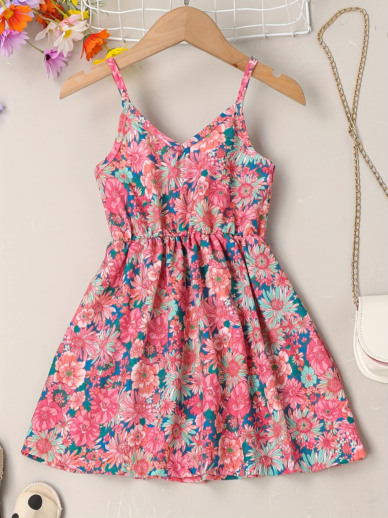 Girls' Summer Floral Sundress - Easy-Care, Durable Fabric with Casual V-Neck & Elastic Waist