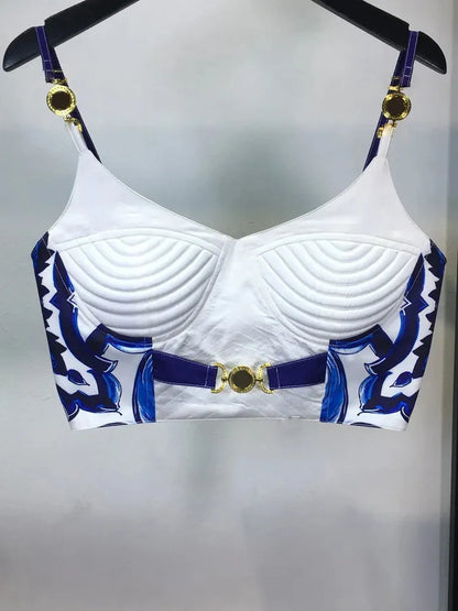 Banulin Bohemain 2-piece set of blue and white ceramic tiles womens spaghetti shoulder strap gold button vest topprinted long sleeved tight fitting clothes 240508