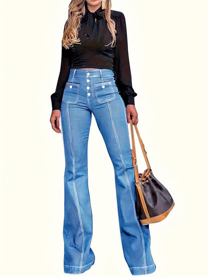 Stylish High-Rise Flare Leg Jeans | Comfort-Stretch, Retro Button Detail, Versatile All-Season Wear