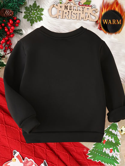 Merry Christmas Santa Claus Print Boys' Fleece-Lined Sweatshirt - Cozy & Stylish for Fall/Winter, Machine Washable