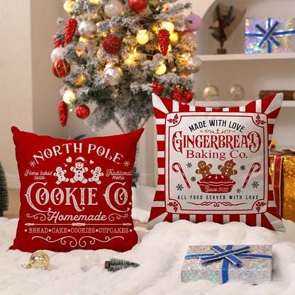 Festive Gingerbread Christmas Pillowcases - 4pcs Set of 18x18 Inch Red Striped Covers, Merry Christmas Design for Winter Home Decor, Machine Washable Polyester with Zip Closure