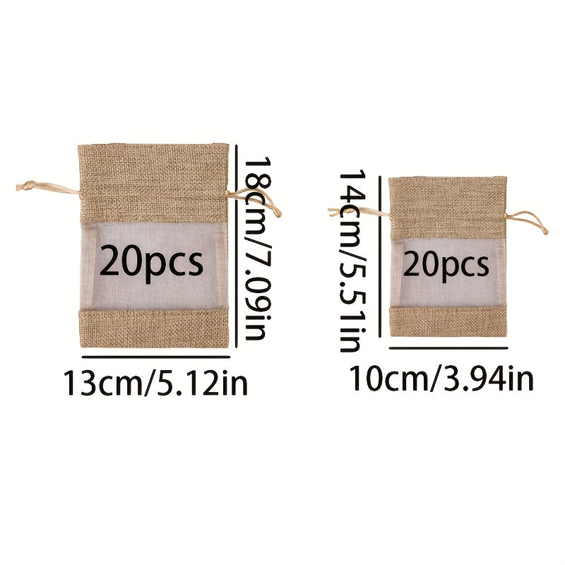 20pcs Transparent Window Gift Bag, Burlap Organza Splicing Drawstring Bag, Party Favor Supplies, Christmas & New Year Gift Wrapping And Storage Supplies