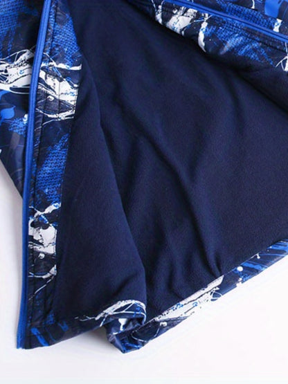 Boys Fashion Windbreaker Fleece Lining Hooded Jacket, Long Sleeve Zip Up Waterproof Jacket, Kids Clothing