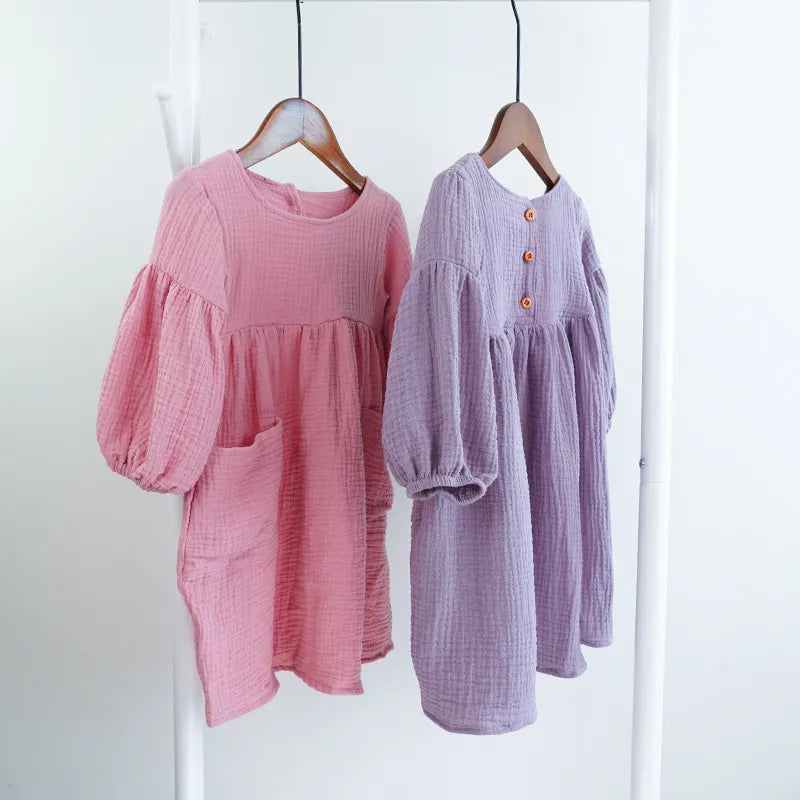 Girl's Dresses Autumn Spring Children's Clothing Organic cotton Double Gauze Loose Pocket Baby Girls Dress Fashion Princess Casual Children's Dress 230407