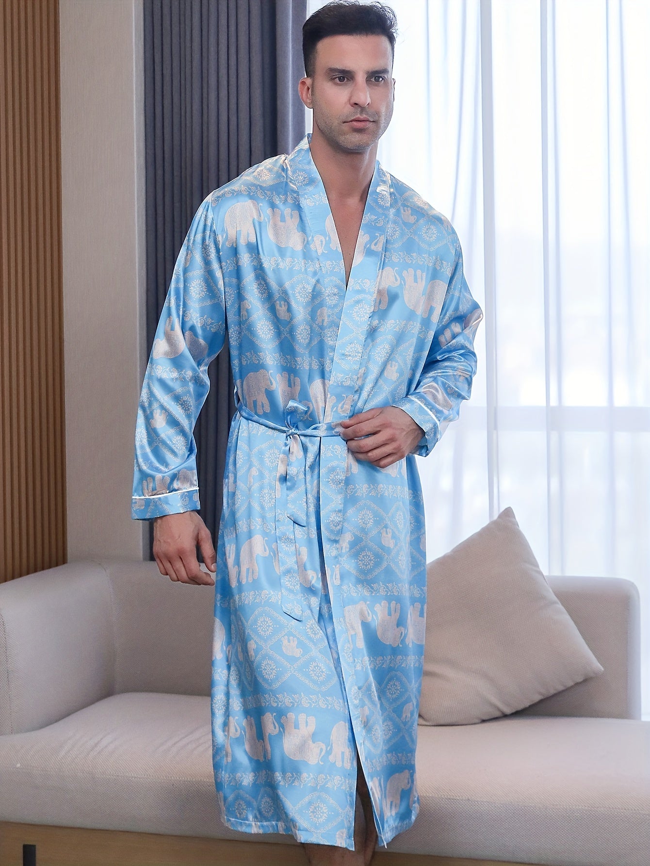 Men's Long Sleeve & Elephant Pattern Robes, Soft Comfy & Gentle Casual Nightgown For Men's Indoor Activities